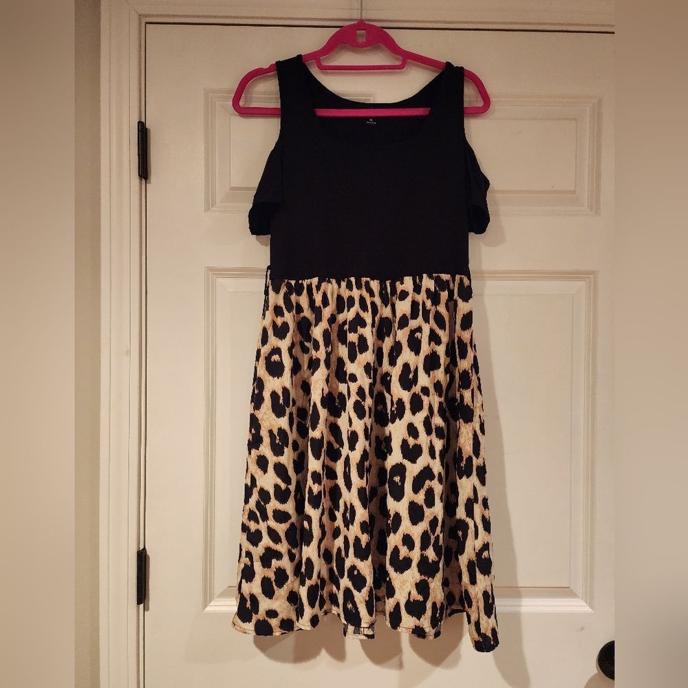 Cold-Shoulder Black and Leopard Print Mini Dress